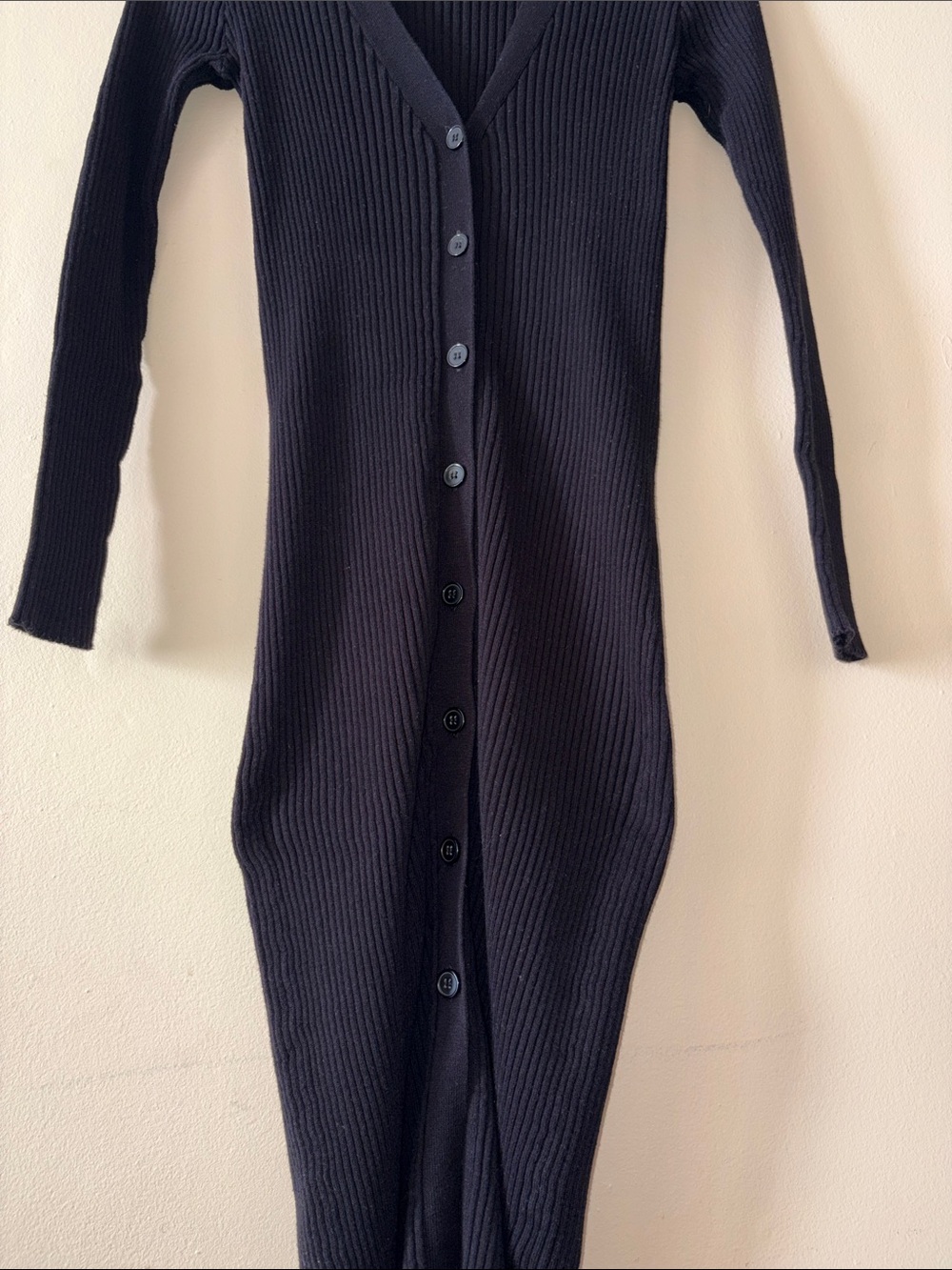 Forever 21 Black Ribbed Long-Sleeve Button-Front Dress